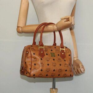 MCM Logogram Vicetos Hand Bag PVC Leather Brown Gold Auth